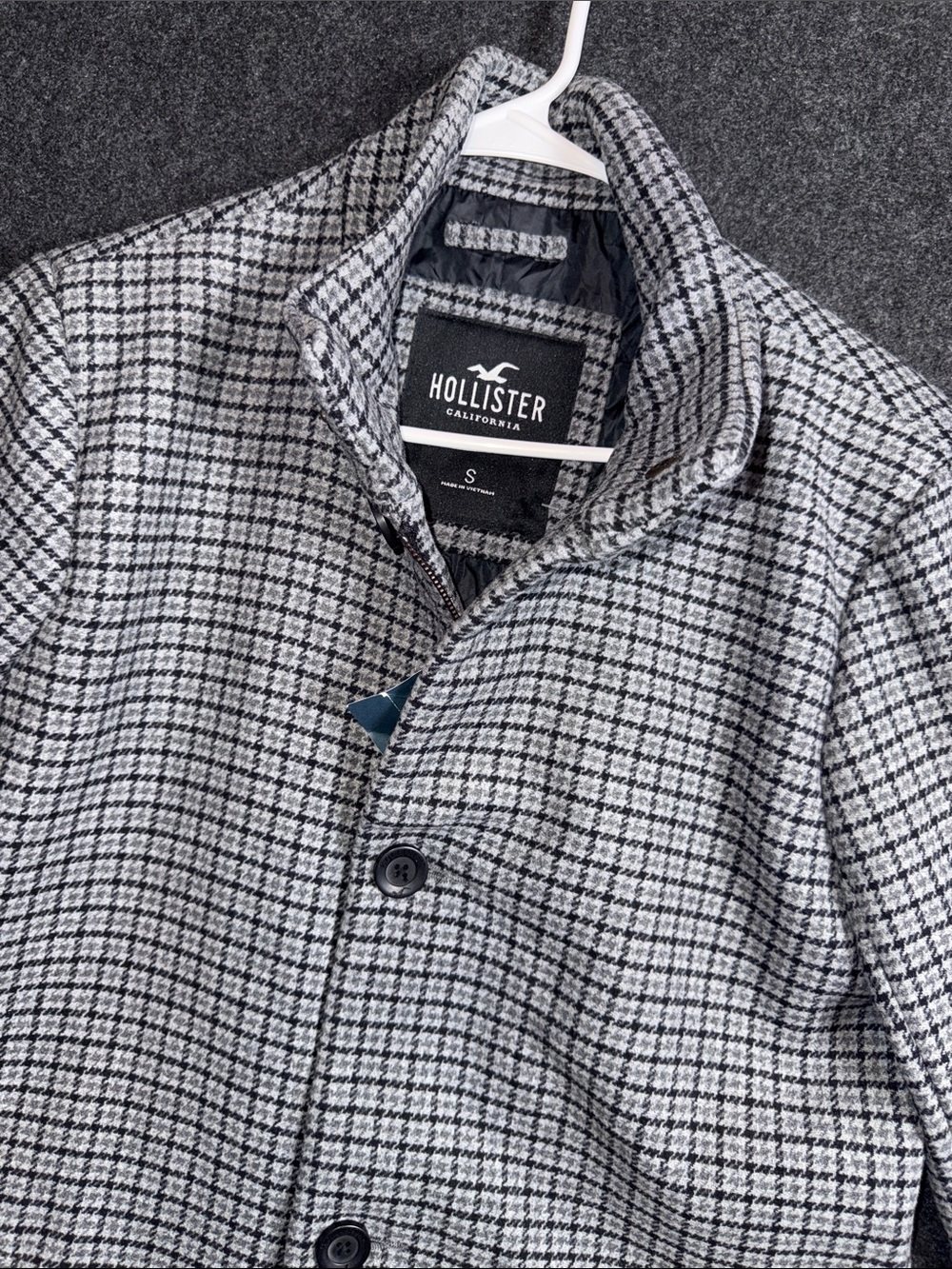 Hollister Mens Houndstooth Wool Blend Topcoat Grey Black Button Zip 332-322